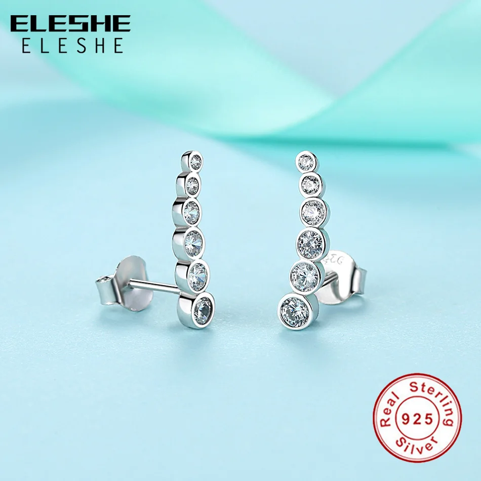 ELESHE Christmas Gift 100% 925 Sterling Silver Stud Earrings For Women Round Crystal Earrings Fashion Jewelry Pendientes Mujer