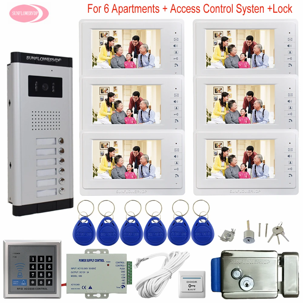 

For 6 8 10 12 Apartments Video Door Phone Intercom System Access Control Video intercom 6-12 Monitors Whit Electronic Door Lock