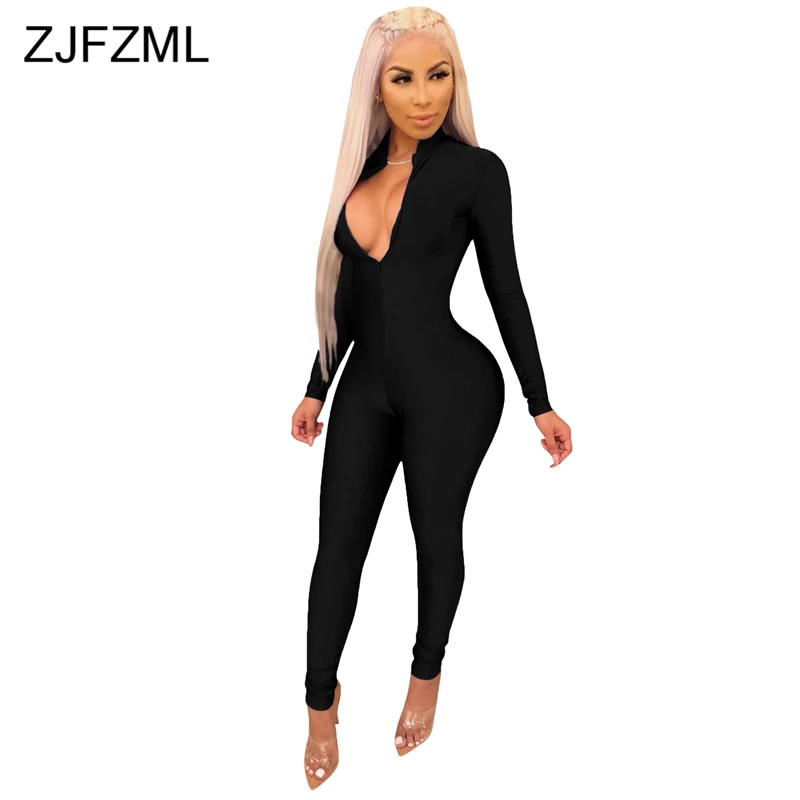 Long Sleeve Sexy Jumpsuits For Women 2018 Autumn Front Zipper Stand