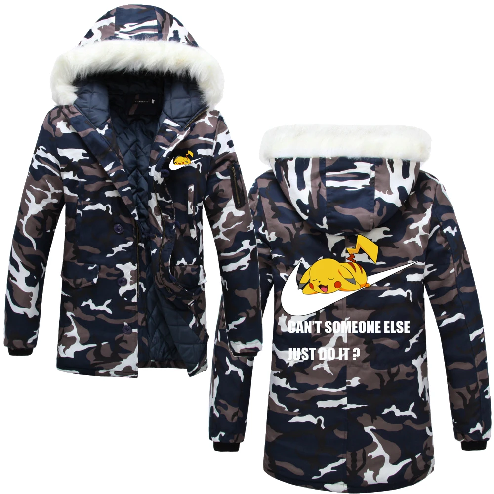 

2019 New Brand Winter Thick Camouflage Jacket Men's Parka coat Hooded Parkas Jacket Men Military Overcoat Just Pikachu Do It