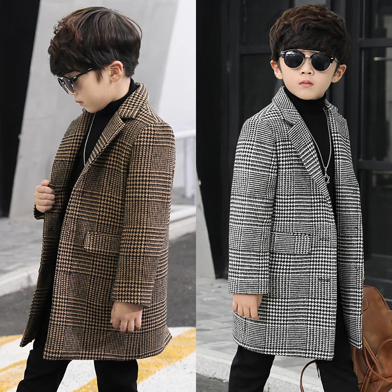 Kids Boys Plaid Wool Coat Children Korean Thick Woolen Coat Boys Winter