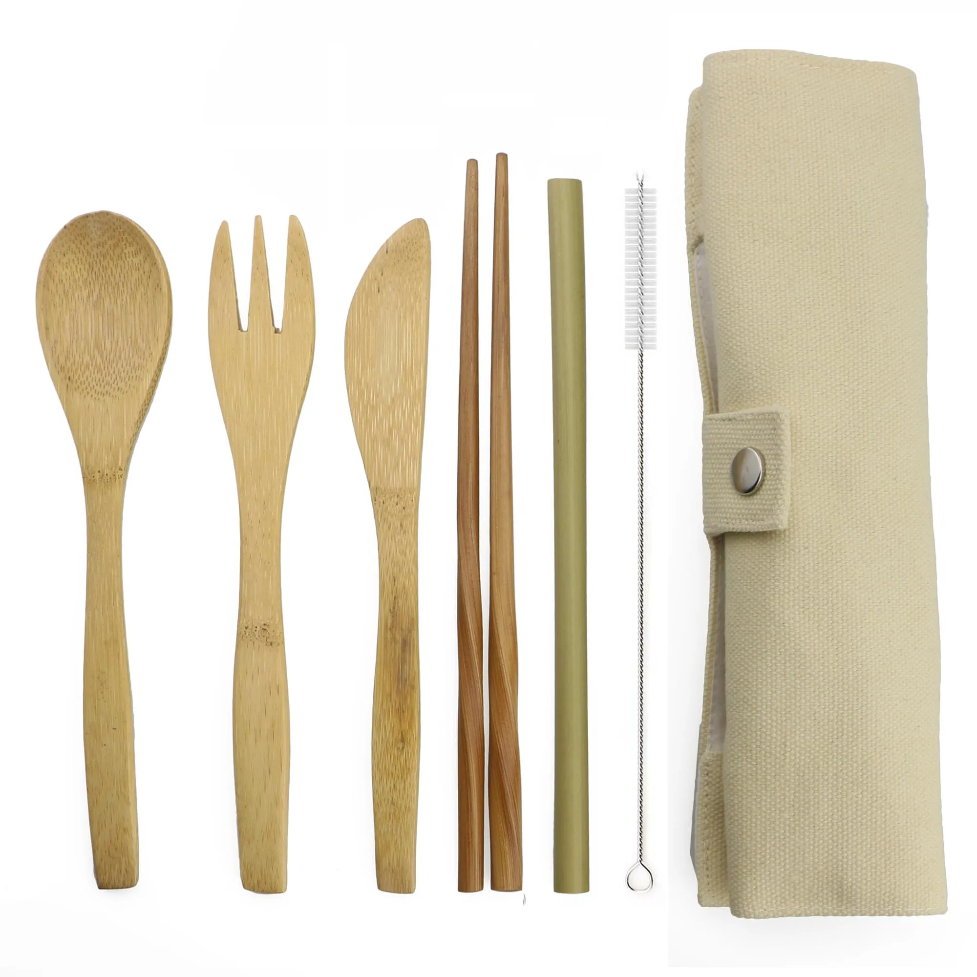 7 Piece Wooden Flatware Cutlery Set Bamboo Straw Set With Cloth Bag