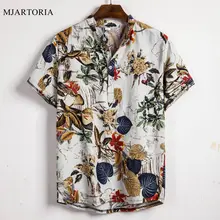 Camisa de verano para hombre, estampado étnico, cuello levantado, algodón, lino, raya, manga corta, camisa holgada hawaiana Henley, camisa hawaiana