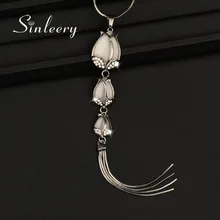 SINLEERY Sexy Vintage 3 Opal Tulip Flower Long Pendant Tassel Necklace For Women Black Chain Suspension