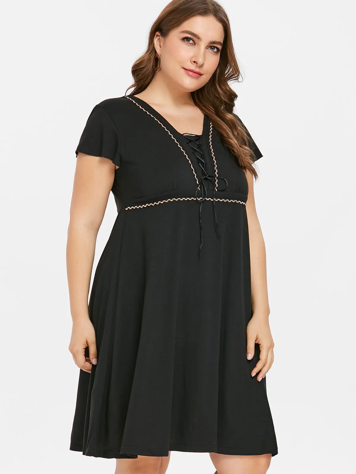 Wipalo Plus Size 5XL Lace Up Knee Length Dress Women Short Sleeve ...