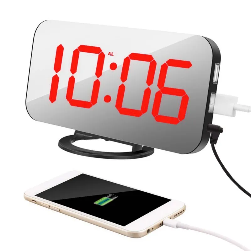 Ipad телефон зарядка USB будильник цифровые часы с большим легко читаемым светодиодный дисплей режим погружения функция повтора зеркальная поверхность - Цвет: Красный