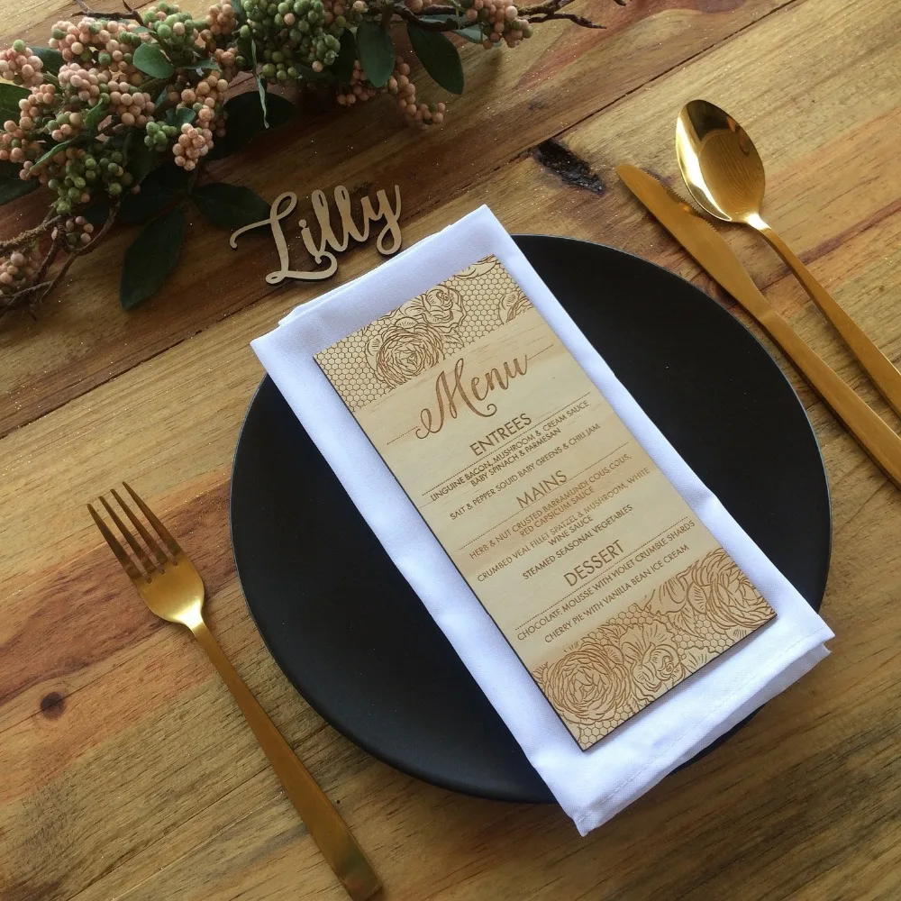 Vintage Wooden Menu, Laser cut wood menus. ,Personalized Wedding Wooden