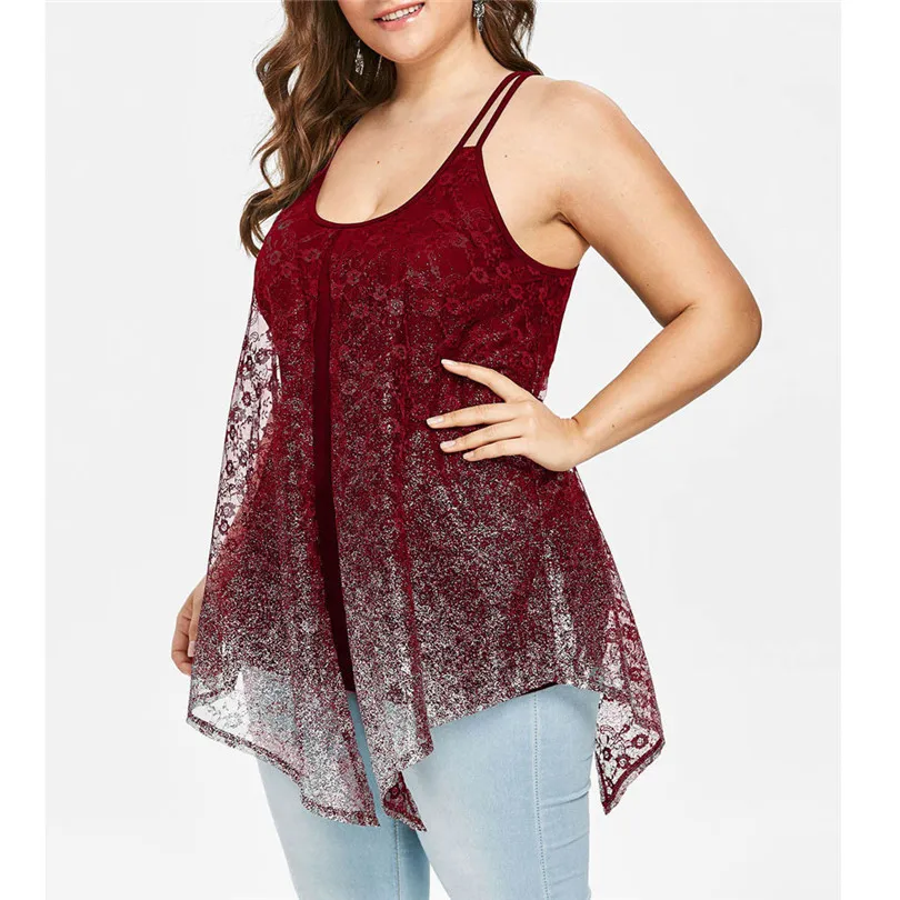 

KWAN_Vogue Women Perspective O-Neck Gradient casual Mesh tankini plus Size Tank Up Sleeveless Camis tank top women summer 2#