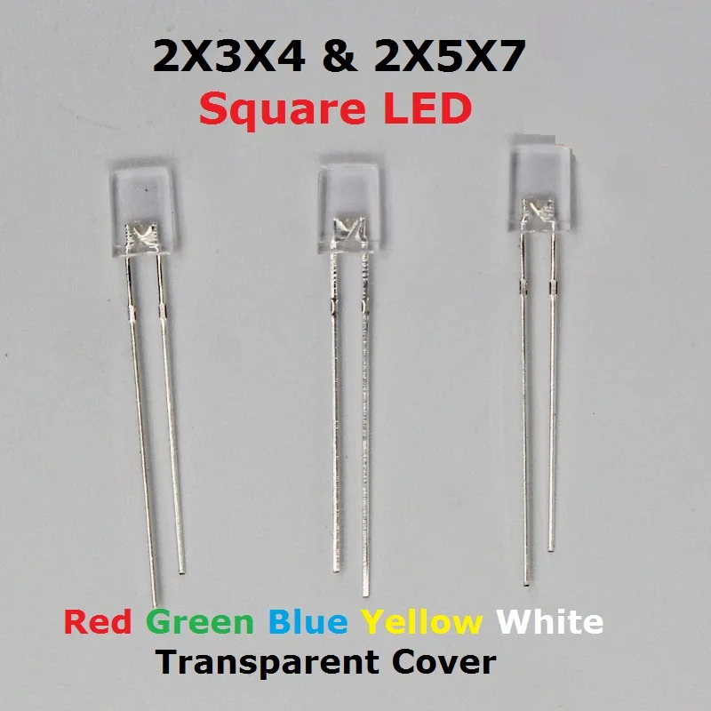 

100PCS Square 2x5x7 2x3x4 Transparent LED 2*3*4 2*5*7 Yellow Red high bright bead diffused light emitting diode Blue lamp Green