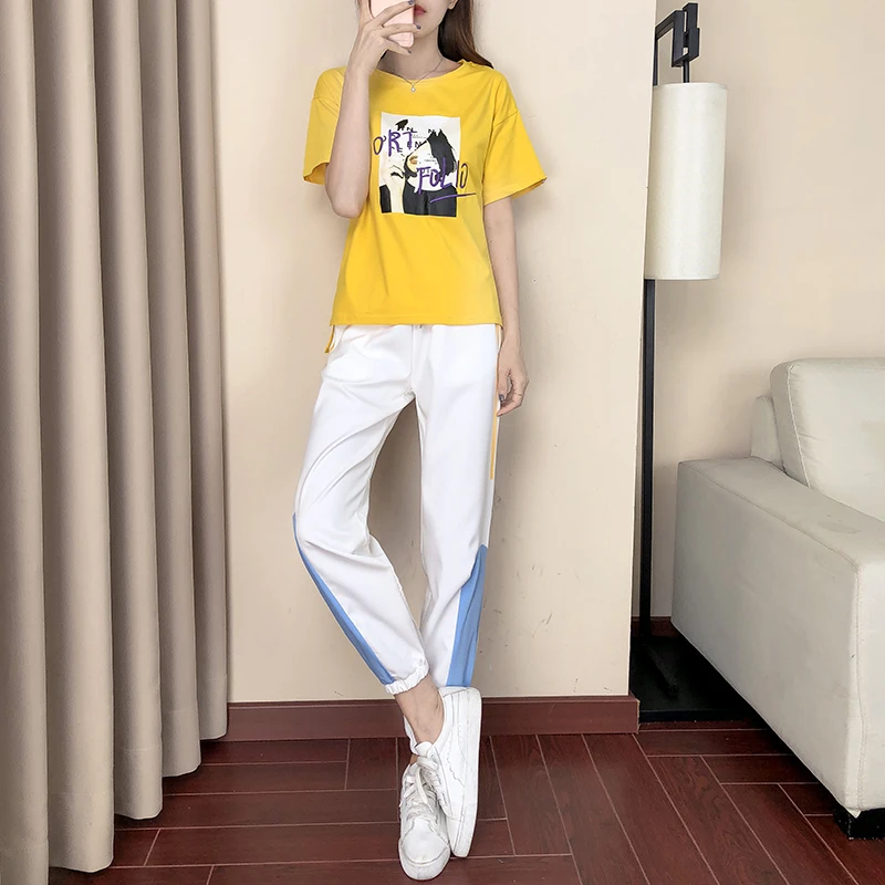 

2019 Summer New 2 Piece Set Letter Pattern Print Yellow Tee Girls Top And Drawstring Contrast Color Pants Women Suits