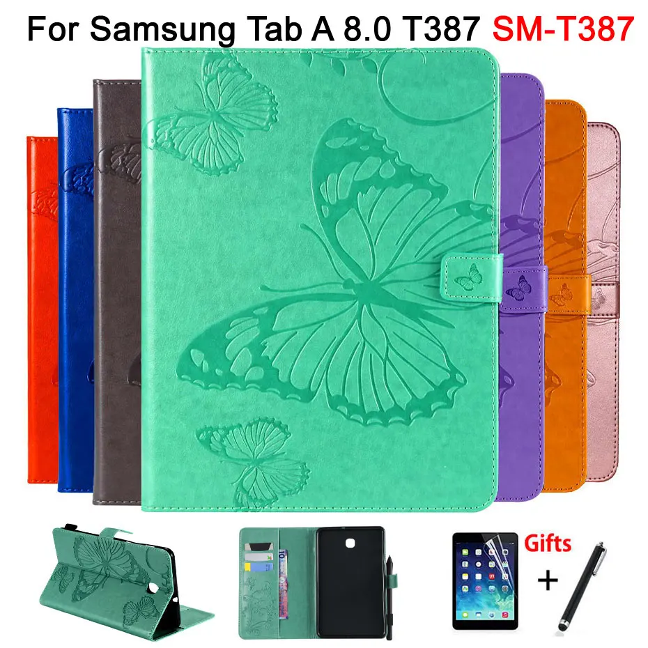 3D butterfly Flip Case for Samsung Galaxy Tab A 8.0 T387 T387V 2018 8.0&quot Funda Tablet PU Leather Cover Stand Shell +Stylus+film |