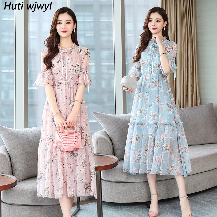 

2019 Vintage Elegant Blue Floral Chiffon Boho Midi Dress Summer Plus Size Print Beach Maxi Sundress Women Bodycon Party Vestidos