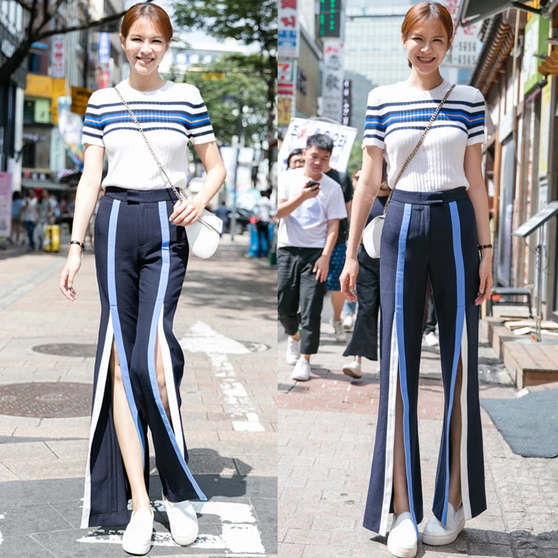 Micro cuerno Rayas Mujeres Tenedor Cintura Costura Nuevas Azul Alta De Pantalones Ancha Las Leggings Pierna Moda Lulu Cuero 2017 Mujer Distancia 8q6xvS7wO