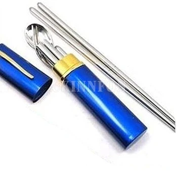 

500Sets/Lot Portable Stainless Steel Fork, Chopstick,Teaspoon Travel Camping Tableware Sets/Lot Blue (Color: mix)