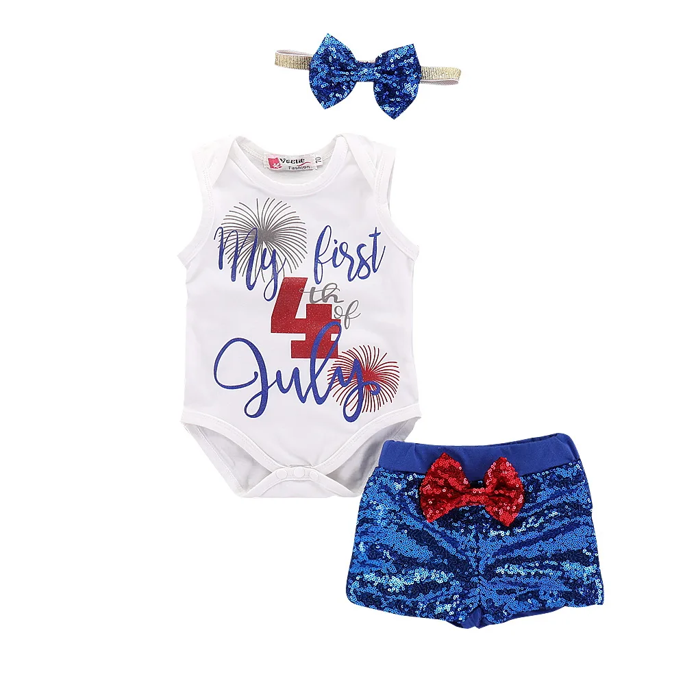 

Baby Girls Short Sleeve Independence Day Star With Striped Lace+Bow Sequined Mesh Skirt+Hair Strap+Shorts Set Print Letter D25