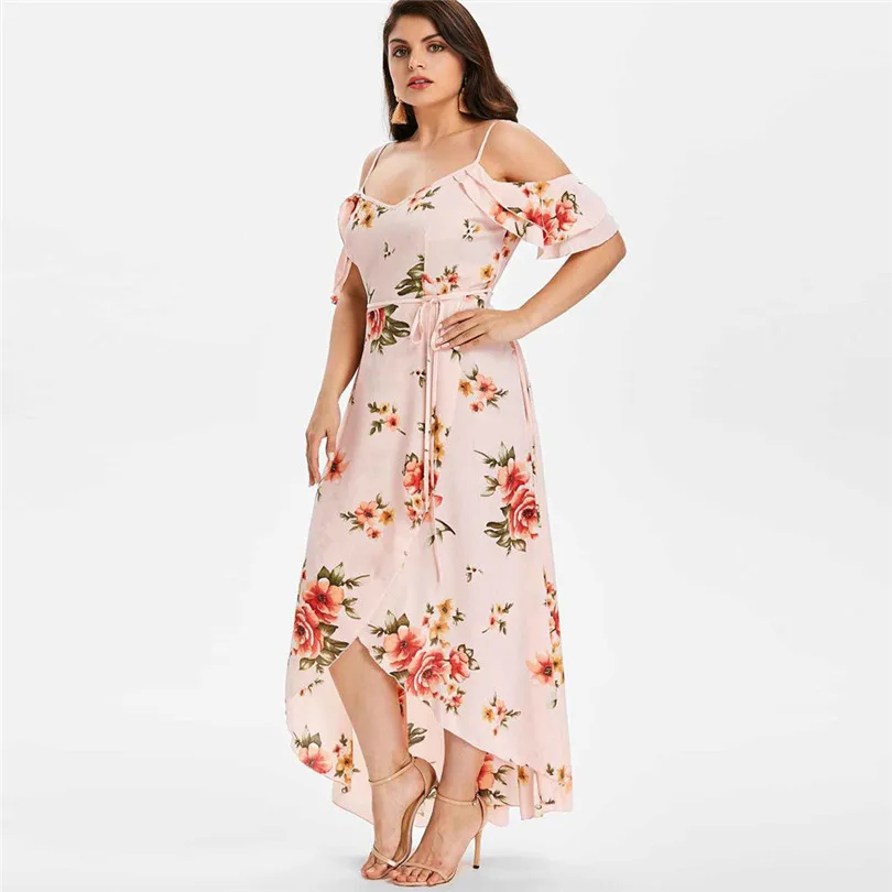   Plus Size Women Summer  Fashion  Casual Short Sleeve Cold Shoulder Boho Party Beach Flower Print Long Dress#4M11 (31)