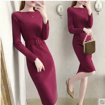 

Wine red long sleeve tunic winter dress korean fashion office girls dresses