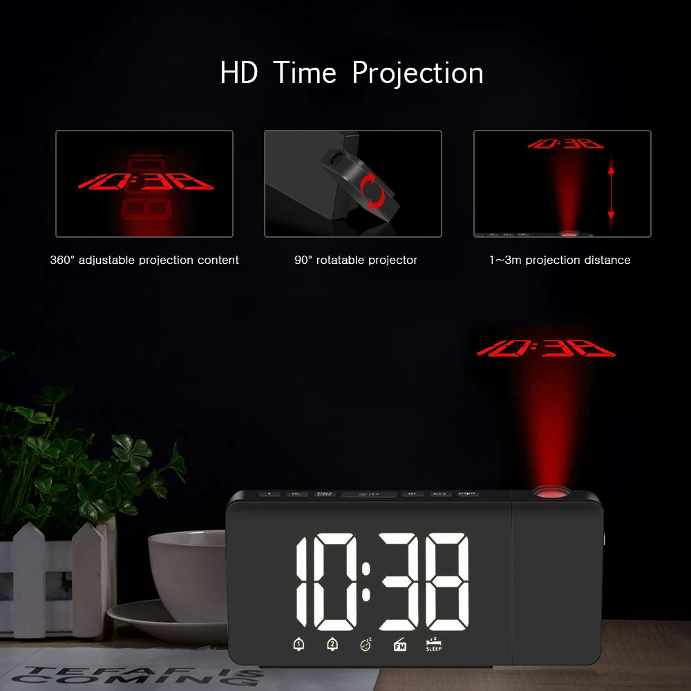 USB управляемый Светодиодный проекционный будильник с регулируемой яркостью FM радио настольные часы с вращающимся проектором двойные сигналы функция повтора