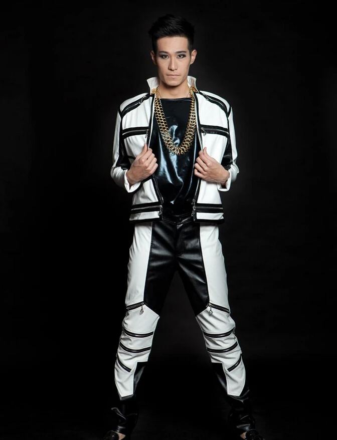 Белая кожаная ткань тонкая мужская куртка Корейская одежда ночной клуб Мужской певец костюм танцевальное шоу Повседневная куртка