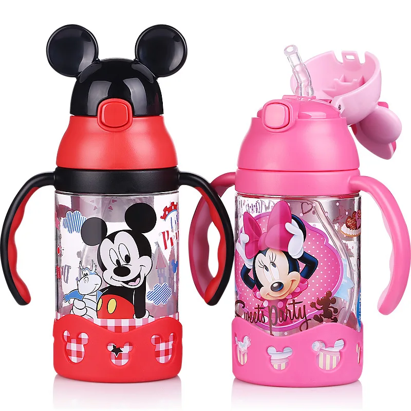400-500ML Kids Baby Straw Bottle Water Cup Automatic Button Cartoon School Water Cups Leak-Proof Baby Drink Cup With Handle
