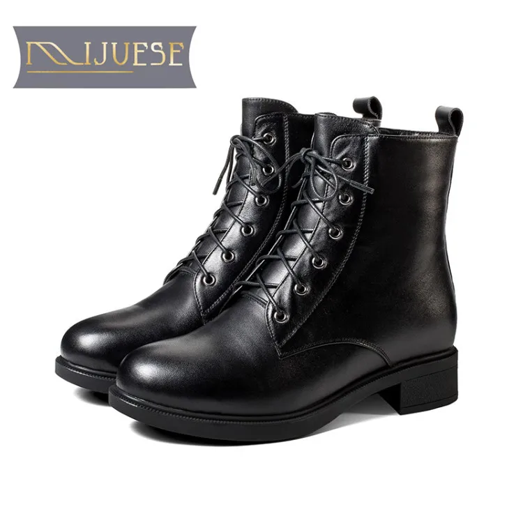 

MLJUESE 2018 women ankle boots cow leather shearing lace up black color low heel zippers winter warm women martin boots