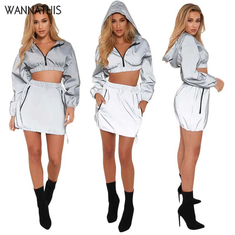 

New Sportsuit Two Piece Sets Women Sexy Short Skirt Crop Tops Long Sleeve Outdoor Sportwear Zipper Flourescence Hooded Trench