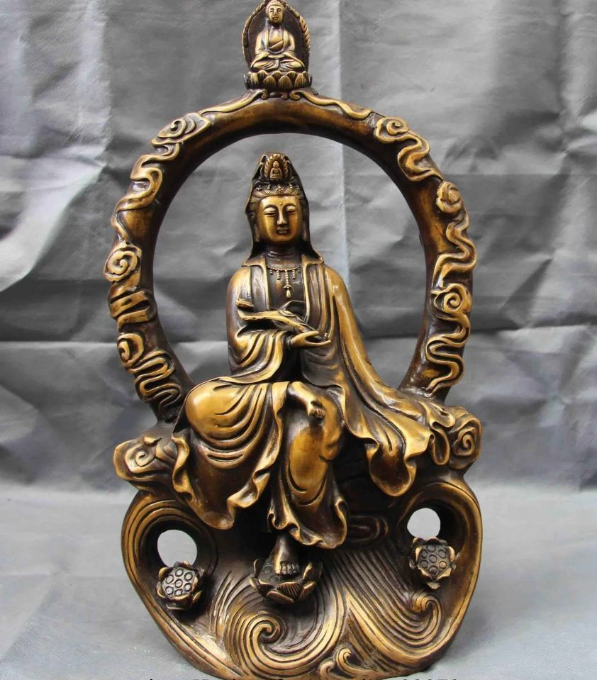 19 Di Rame Luna Bronzo Sakyamuni Guan Yin Kwan-Yin Bodhisattva Dea Statua