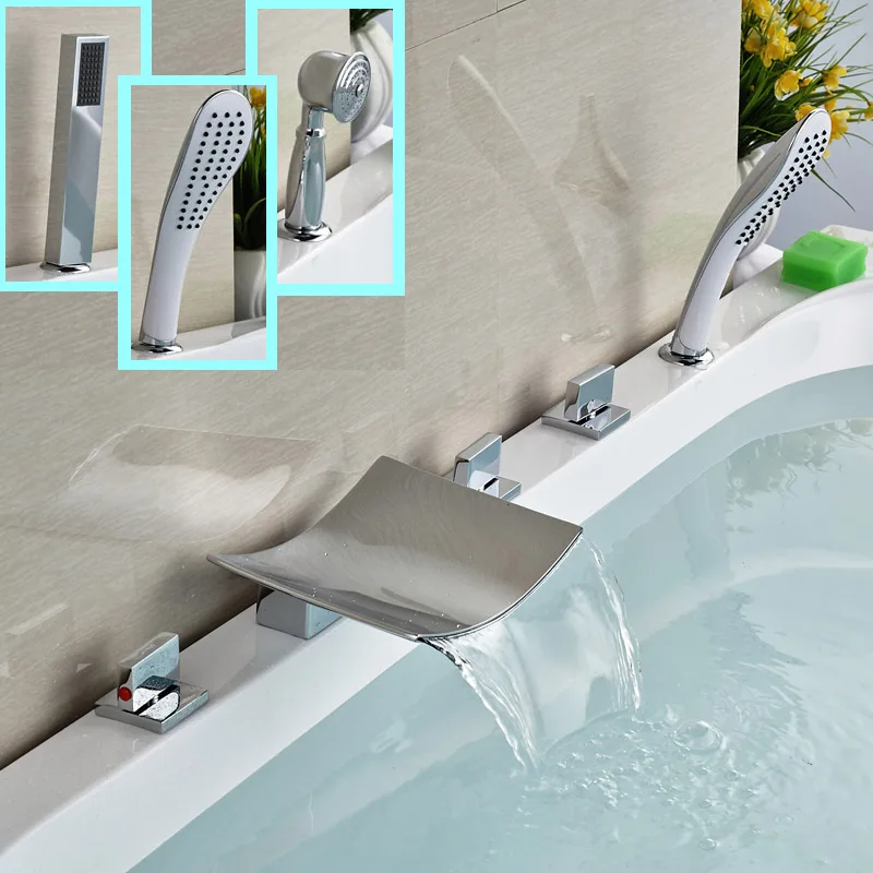 New Chrome Bathtub Faucet 5pcs Brass Waterfall Bathroom Tub Shower Mixers Three Handles with Handshower