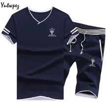 Summer Breathable Men's Tops Tees Shorts 2PCS Fork Printed Short Sleeve Track Suit Men Fashion V-Neck Fitness Street Wear 2019