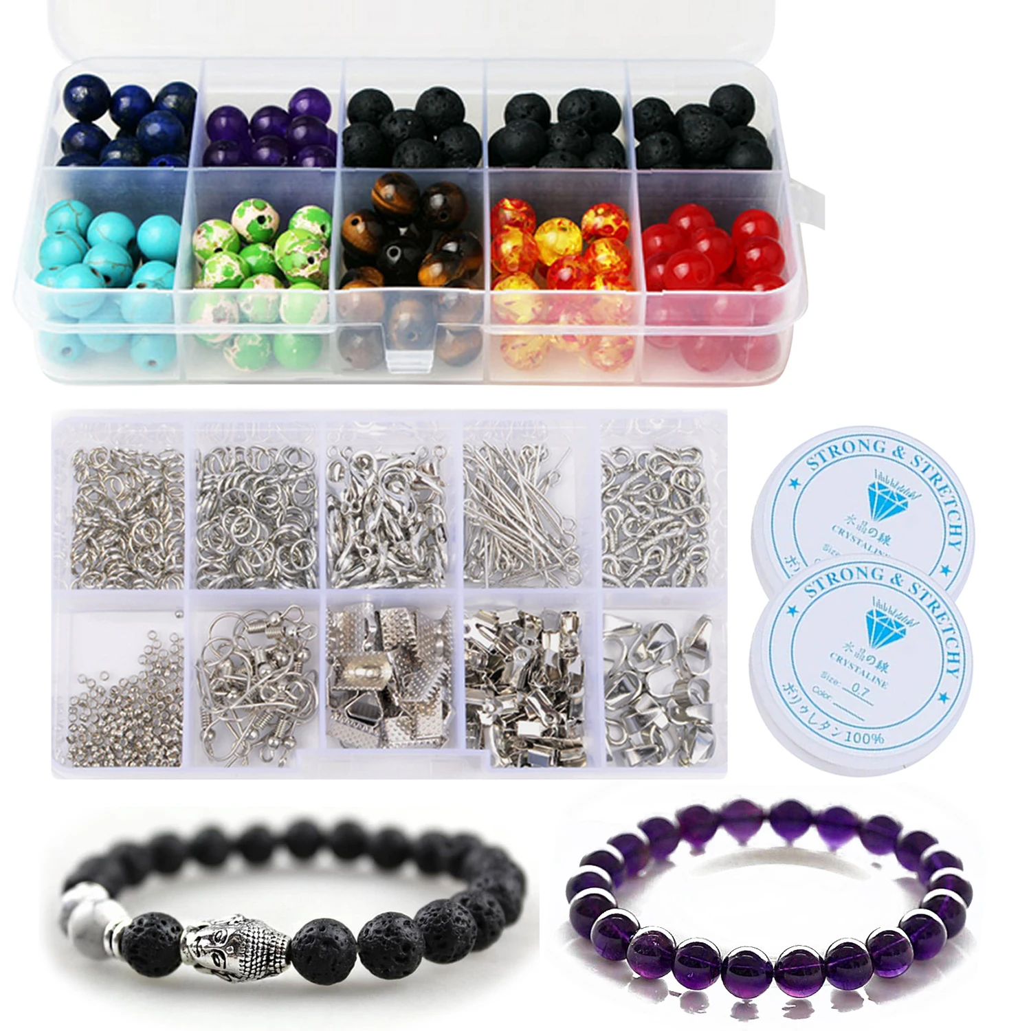 

640Pcs DIY Craft Making Finding Tool Kits with 200Pcs 8mm Lava Chakra Beads 2 Roll Crystal String Toys Jewelry Bracelet Handmake