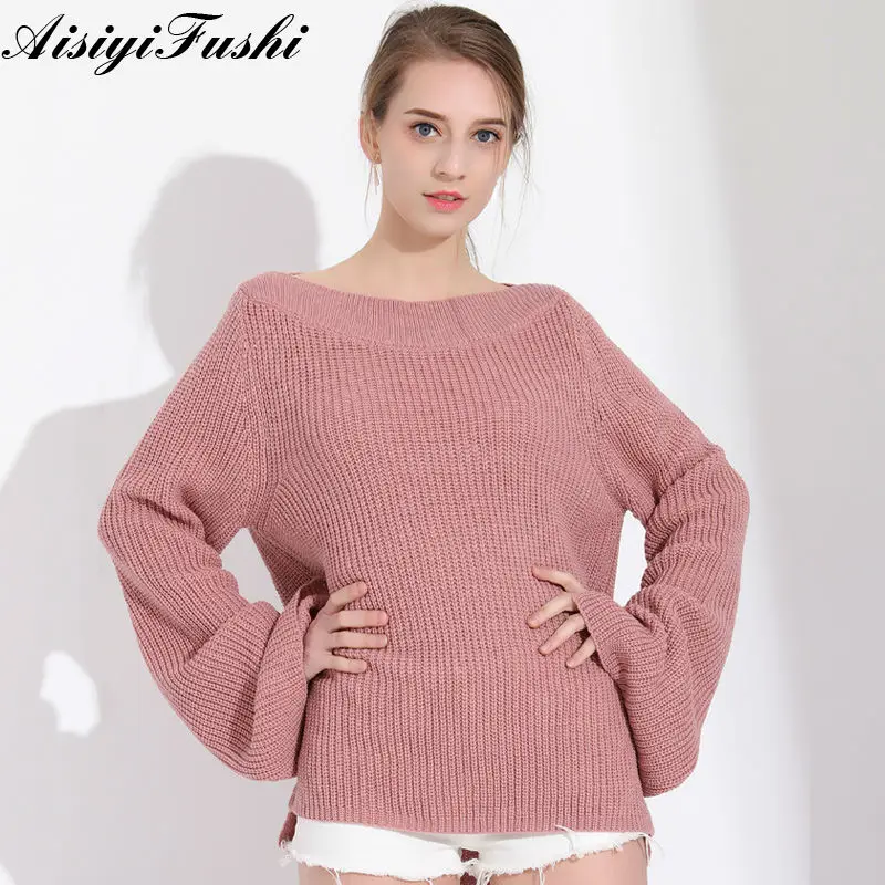 Warm Long Sleeve Ribbed Sweater Off Shoulder Runway Wine Red Knitwear Pink Women Loose Large Size Sexy Winter | Женская одежда