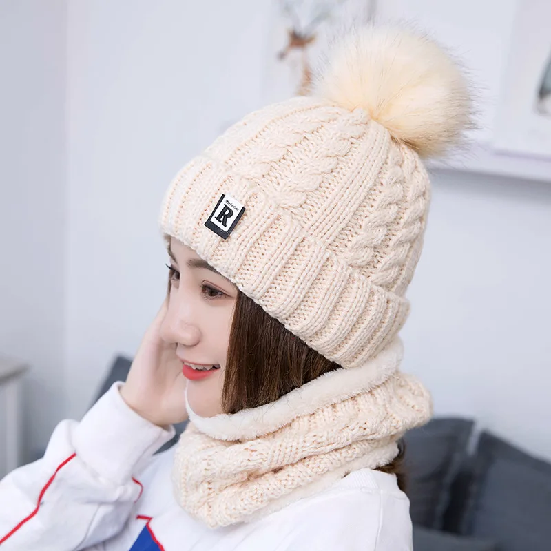 Модные зимние шляпы для женщин Beain Hat Kitted Big Ball gorro invierno mujer Зимний шарф и шапка, комплект, сохраняющий тепло