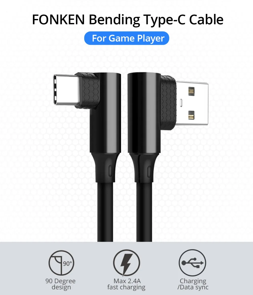 Кабель FONKEN usb type-C, 90 градусов, гнущийся USB C, игровой кабель 2.4A, тип L, изогнутый type-C, шнур для быстрой зарядки и передачи данных, 1 м, кабели для мобильных телефонов