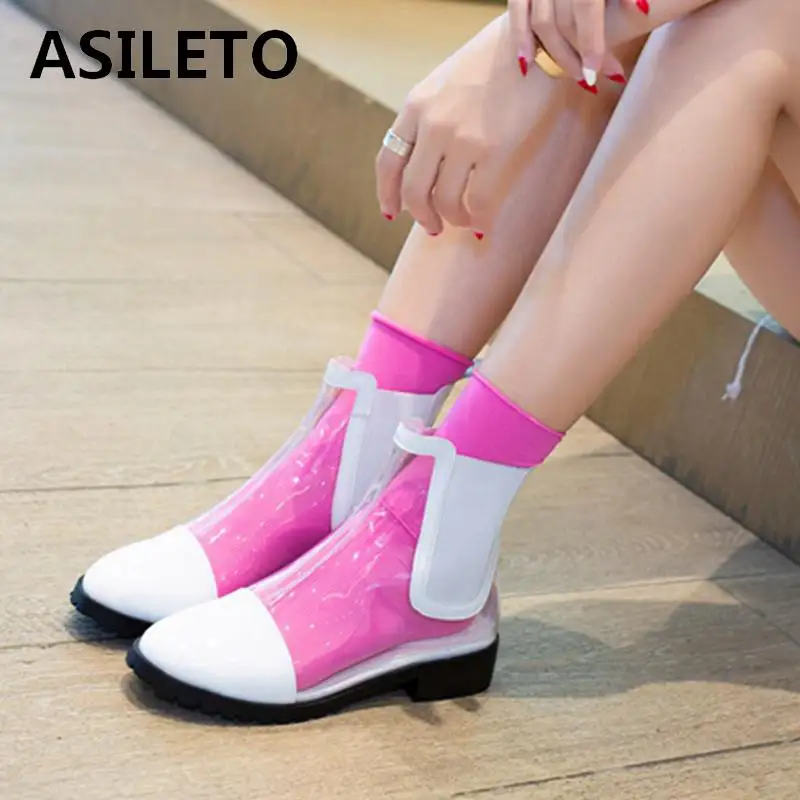 

ASILETO large size 44 45 new Transparent PVC Ankle Boots for women rain shoes waterproof slip on round toe bottes summer S840