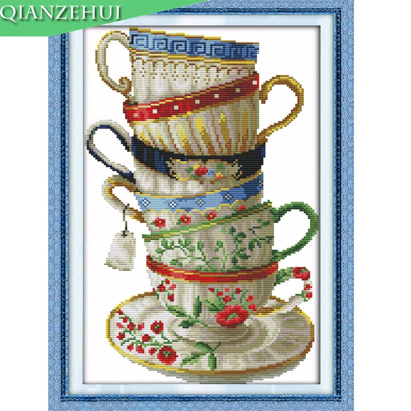 QIANZEHUI Needlework DIY Cross Stitch Embroidery kitsSets Elegant coffee cup Cross-Stitching hand made Crafts Home Decor | Дом и сад
