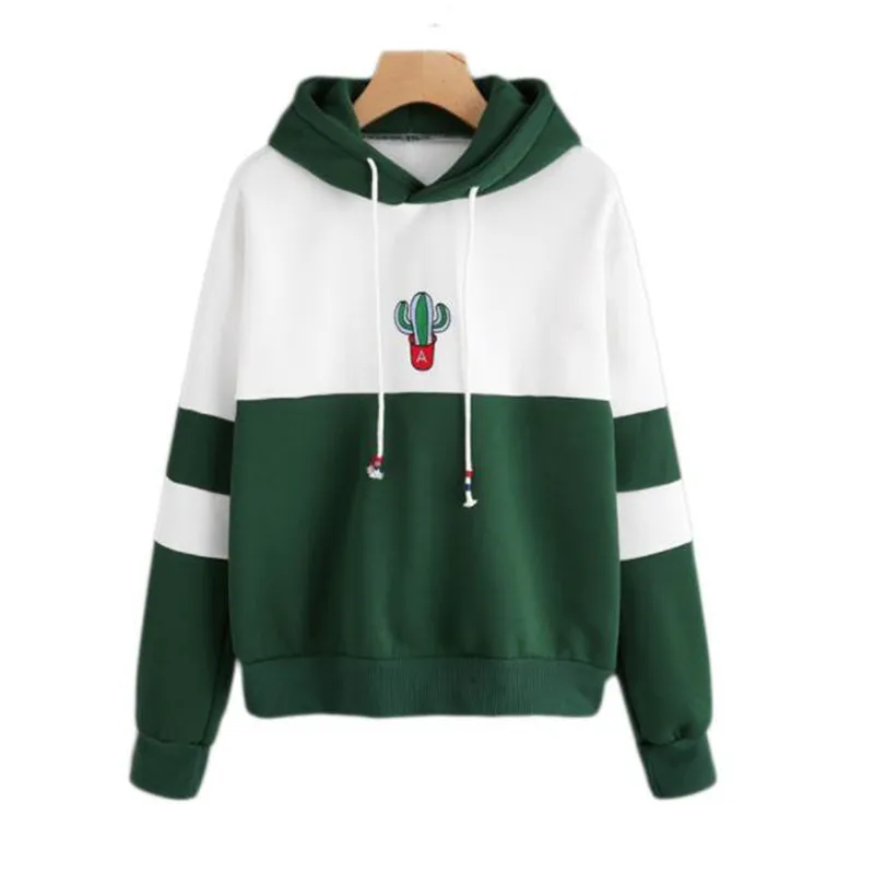 

Drawstring Color Block Cactus Embroidered Hoodie 2018 Spring Autumn Long Sleeve Ladies Casual Sporty Pullovers Sweatshirt