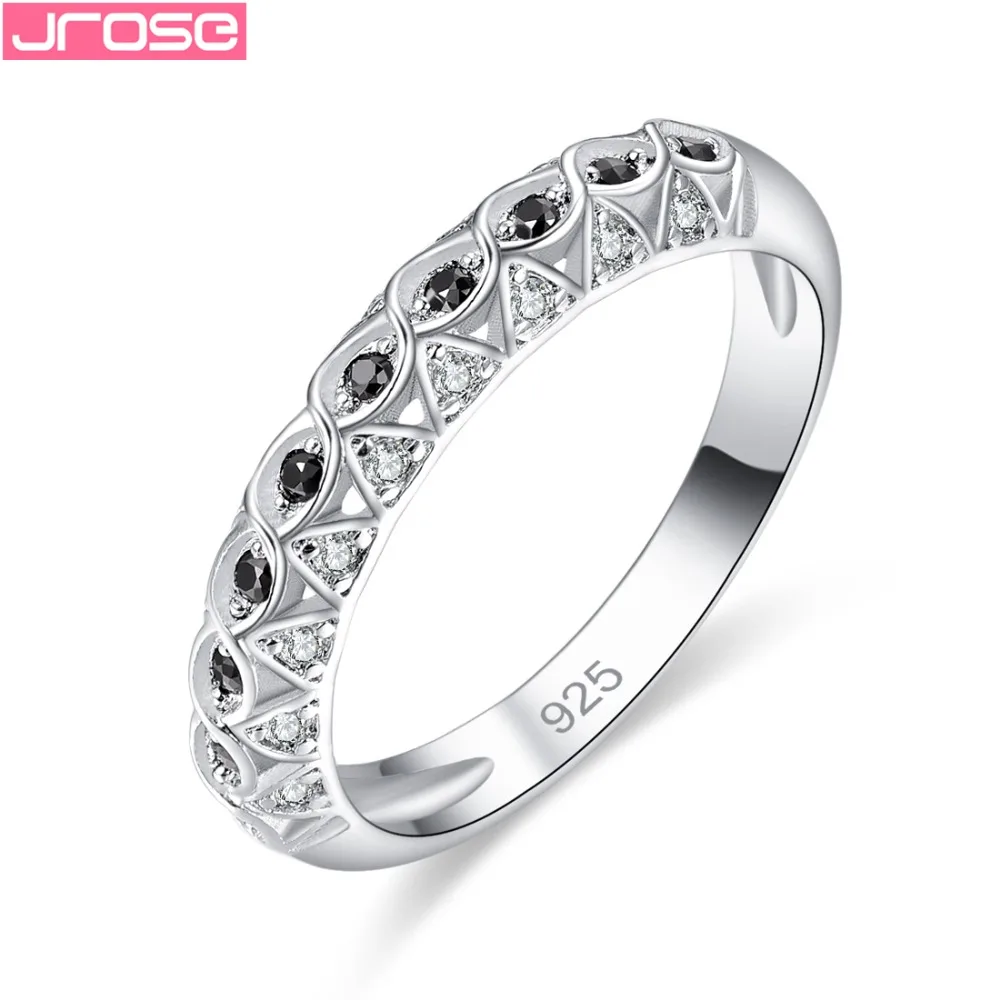 

JROSE Wholesale Simple Pretty Fashion Round Cut Black & White Cubic Zircon Silver Ring Size 6 7 8 9 For Women Thanksgiving Gift