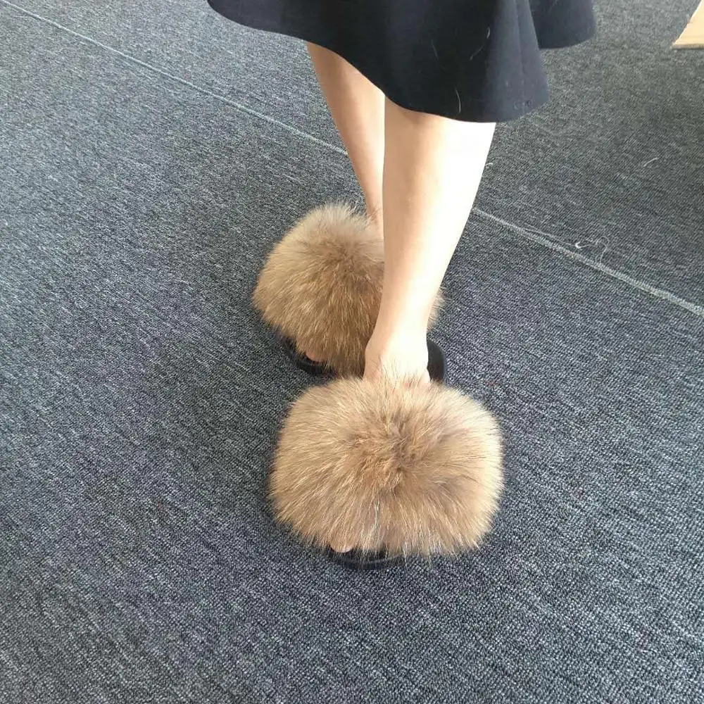 Large real fur slippers fluffy natural raccoon fur sandals slip large