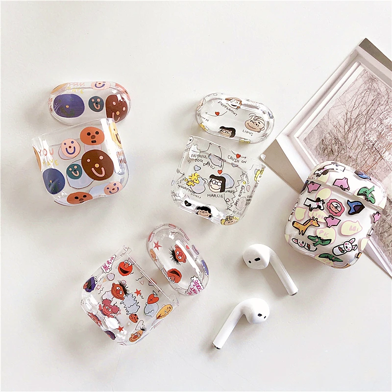 

Cartoon Smiley Transparent Earphone Charging Box Cover Bag for Apple AirPods Wireless Bluetooth Hard PC Headset Protective Case