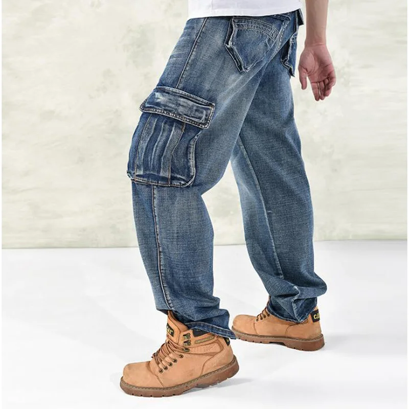 Человек свободные джинсы хип-хоп скейтборд джинсы Мешковатые штаны джинсы в стиле хип-хоп мужские джинсы Большие размеры 30-46