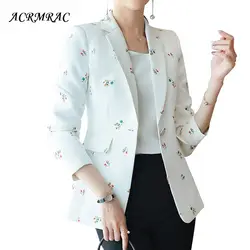 ACRMRAC для женщин куртка Тонкий белый печати OL бизнес с длинным рукавом Пиджаки для