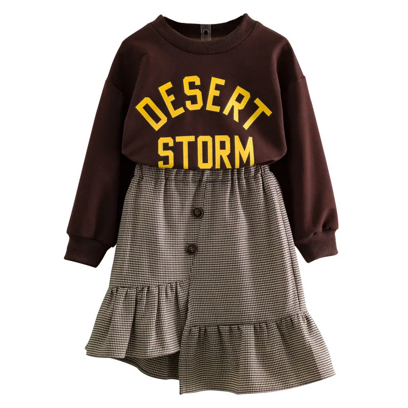 

2-8 Yrs Baby Girls Clothing Sets Letter Printed Sweatshirt+Plaid Irregular Skirts 2pcs Kids Clothes Autumn Children Outfits
