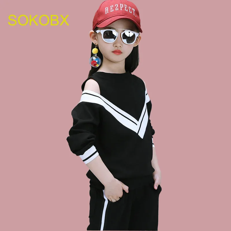 

New Arrival Fashion Kids Tracksuit For Girls Sport Suit Black White Striped Children School Uniform Girls Clothes Teenage Girls