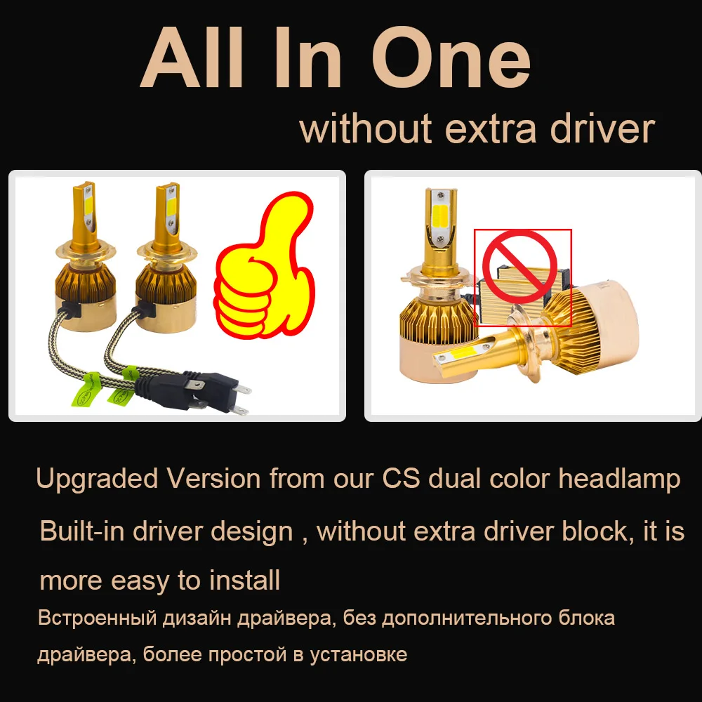 YHKOMS H4 Hi/Lo H7 H11 Автомобильные светодиодные фары 9005 9006 H1 H3 880 881 H8 H9 3000K 6000K