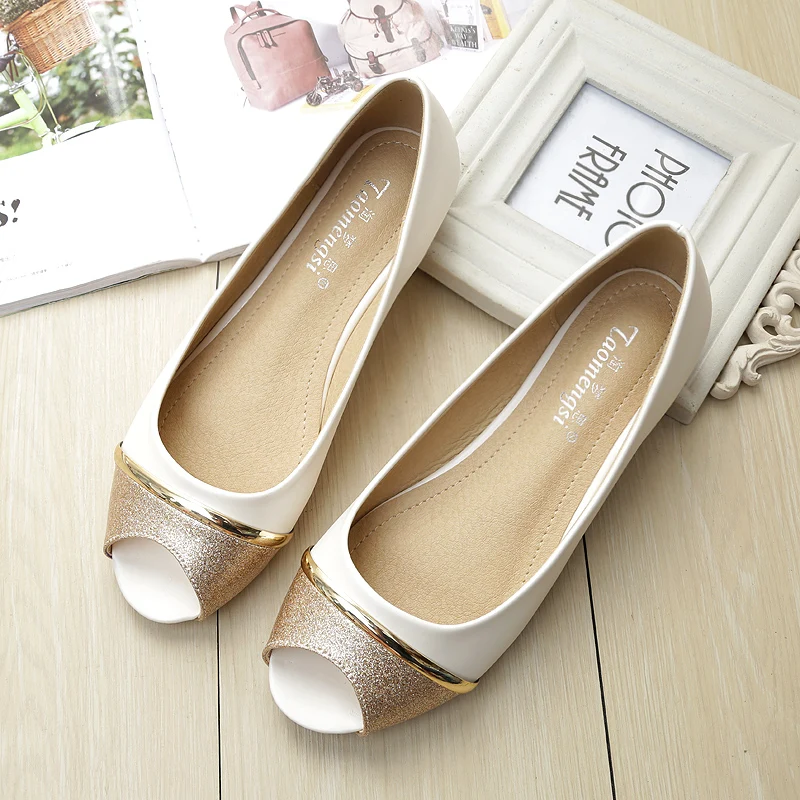 

2019 New Peep Toe Sequin Flat Shoes Pregnant Women Flats Shoe Shallow Mouth PU Leather Shoes Summer Wholesale YX0002