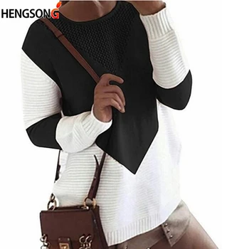 

Knitted Long Sleeve Sweater 2019 Autumn Women Ladies Hollow Out Color Block Coat Outwear Female Sweater