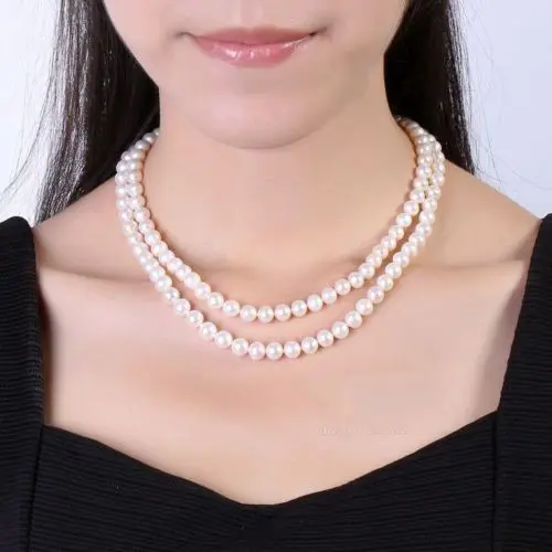 

Double strand 9-10MM freshwater NATURAL WHITE PEARL NECKLACE 18"19" 14K GOLD