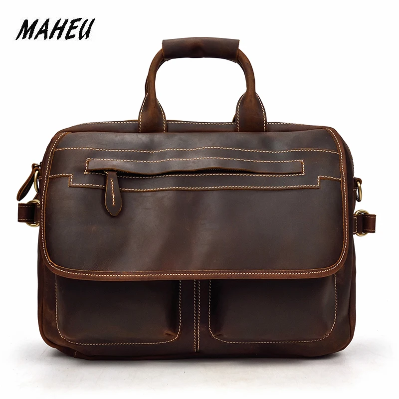 

MAHEU Double Zipper Messenger Bag Men's Shoulder bag Genuine Leather Laptop Briefcase Man Leather Handbags Male Crossbody Bags