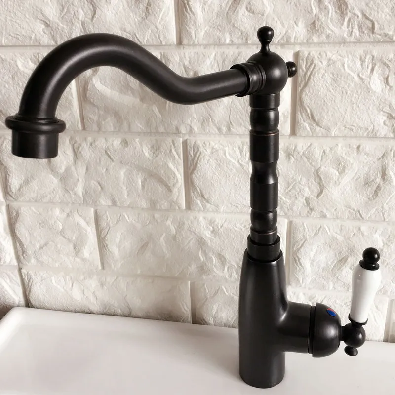 Kitchen Wet Bar Bathroom Vessel Sink Faucet Black Oil Rubbed Bronze One Handle Swivel Spout Mixer Tap Single Hole mnf370