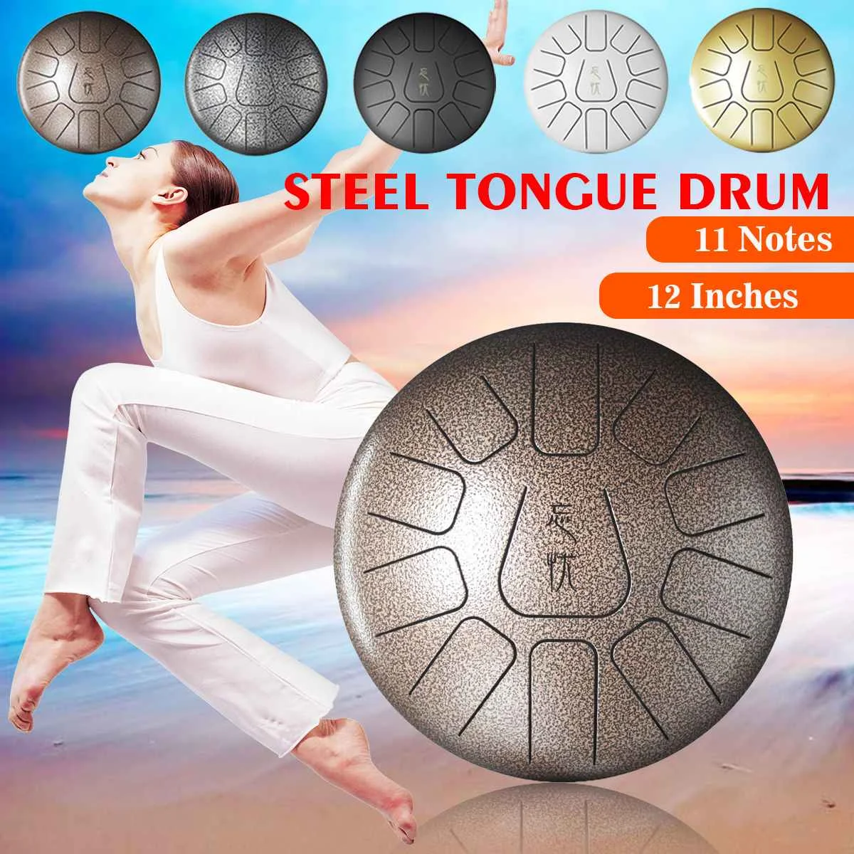 

12Inch Percussion Drum Steel Tongue Drum Hand Pan Drum with Drum Mallets Carry Bags+Note Sticks for Children Music Instrument